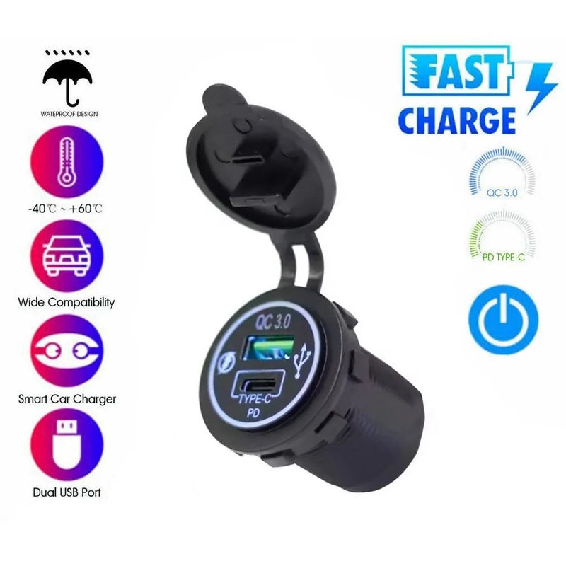 Y&D Dual Port Car Charger, 30W USB C PD & QC3.0, 12V/24V Universal Car Bus Socket Automobile Charger Adapter - Image 4